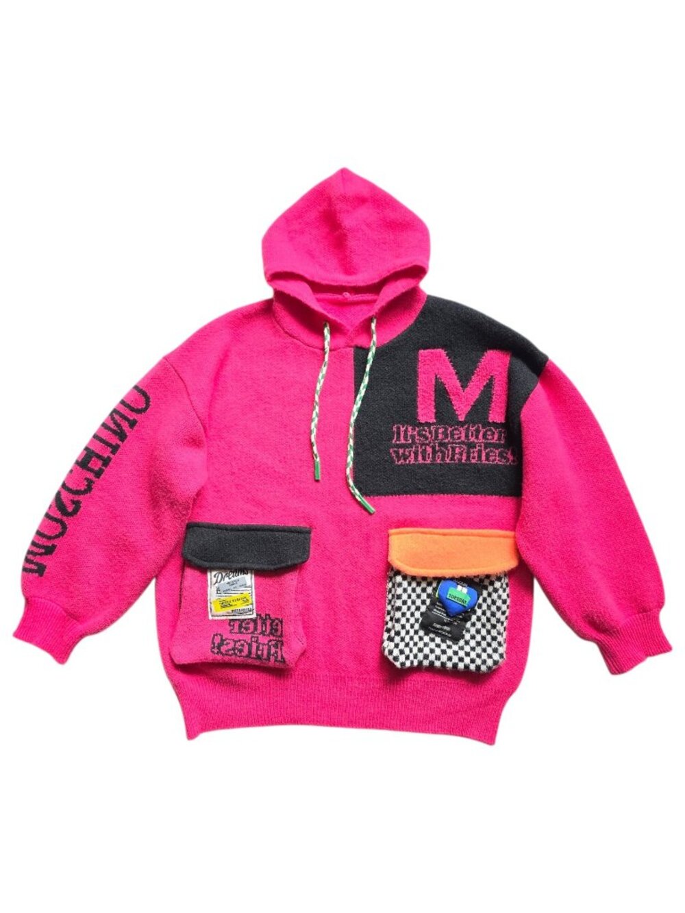 Pink Patchwork Knit Hoodie Graphic Streetwear Colorblock Oversized Sweater S/M/L